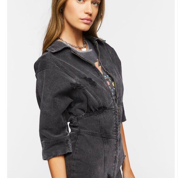 Distressed Denim Zip-Up Mini Dress - Picture 2 of 7